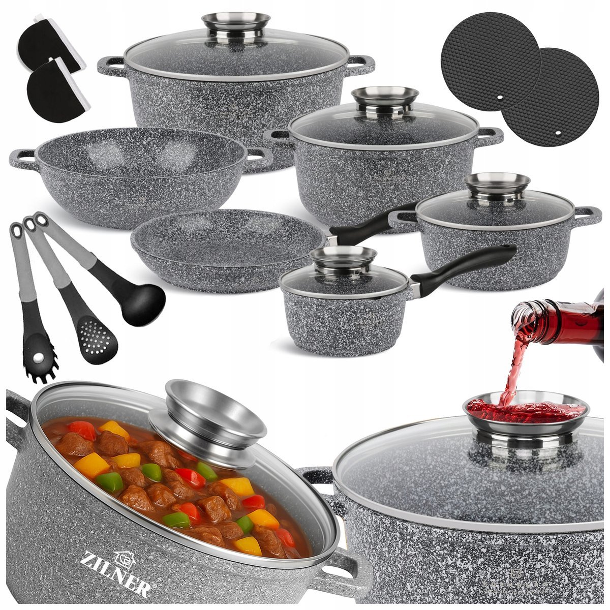 KOMPLET GARNKÓW MARMURKOWYCH NA INDUKCJE GAZ ZESTAW GARNKI PATELNIA RONDEL