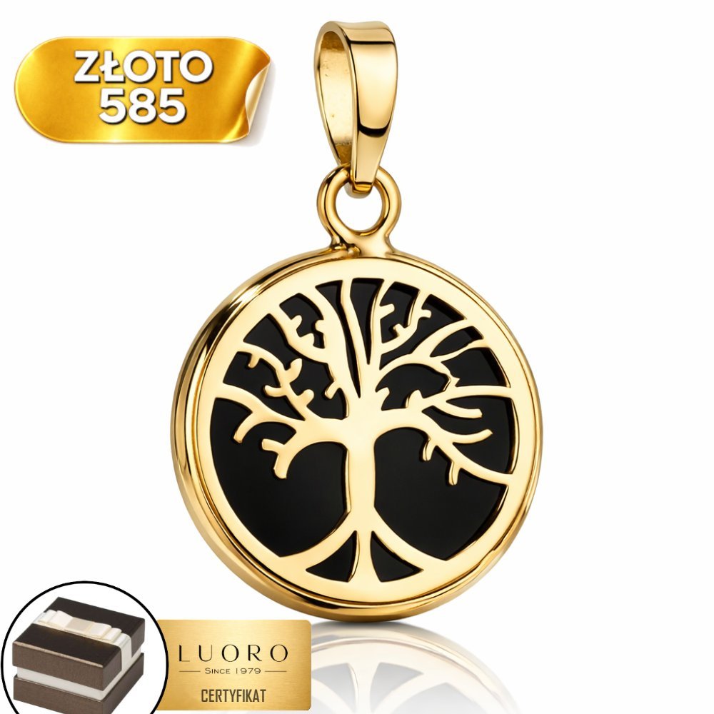 ZAWIESZKA ZŁOTA 585 14K DRZEWKO SZCZĘŚCIA CZARNA EMALIA 20 MM ELEGANCKA