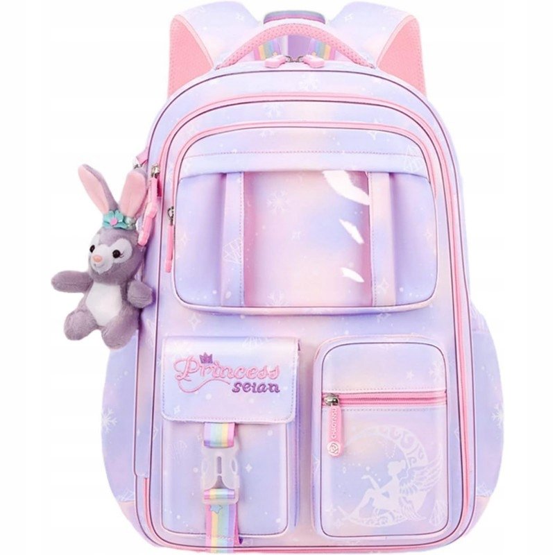 Fioletowy Plecak Szkolny Z Maskotką Królikiem Dużo Kieszeni 45 CM