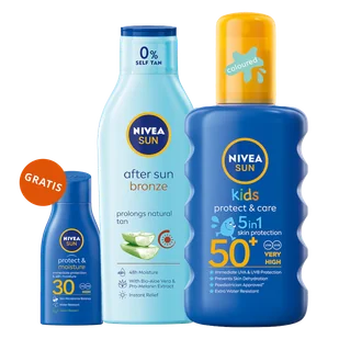 Zestaw Nivea Sun Kids Protect & Care, spray ochronny dla dzieci, SPF 50+, 200 ml + balsam po opalaniu przedłużający opaleniznę, 200 ml + balsam do opalania, SPF 30, 30 ml gratis - Kremy dla dzieci - miniaturka - grafika 1