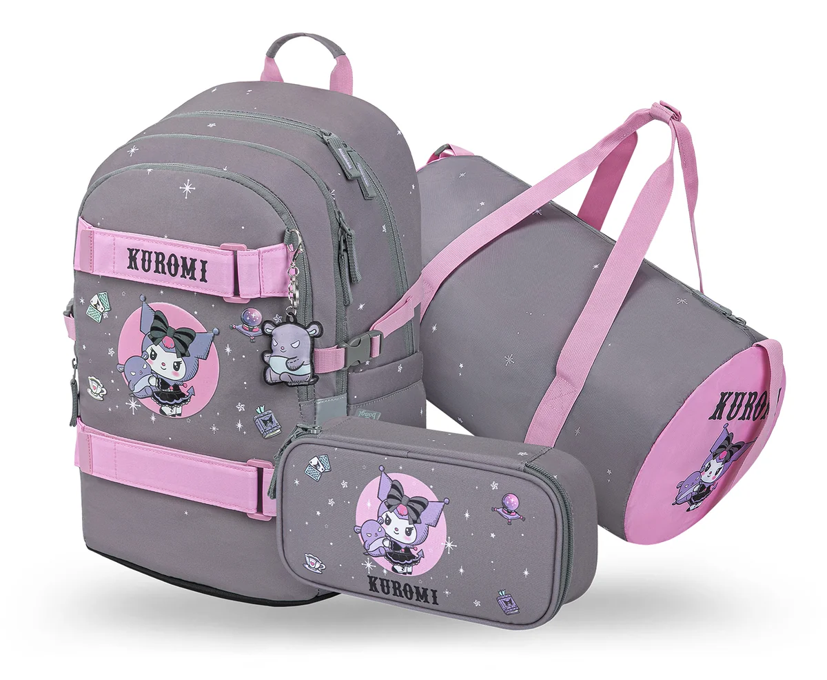 Zestaw Szkolny 3w1 BAAGL Plecak szkolny Skate Kuromi Grey Ergonomiczny 25L 29x43x20 cm Szary dla dziewczynki + Piórnik, Torba sportowa