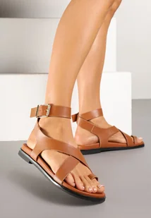 Jasnobrązowe Sandały w Stylu Japonek z Geometrycznymi Paskami Kerraza - Klapki i japonki damskie - miniaturka - grafika 1