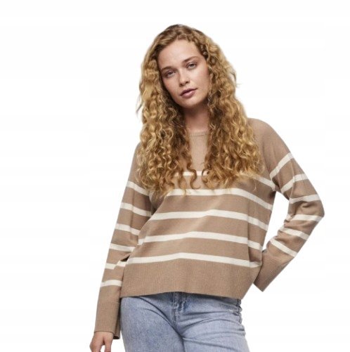 PIECES BEŻOWY SWETER DAMSKI Z BIAŁYMI PASKAMI KLASYCZNY S XQA