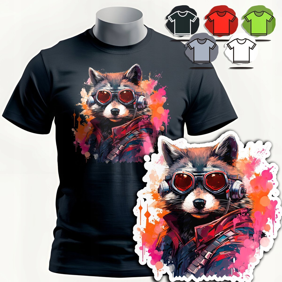 KOSZULKA T-SHIRT MĘSKI WZORY DO WYBORU - SZOP PRACZ RACCOON ZWIERZE - XS