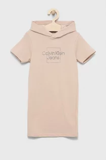 Sukienki i spódniczki dla dziewczynek - Calvin Klein Jeans Jeans sukienka bawełniana dziecięca kolor różowy mini prosta - grafika 1