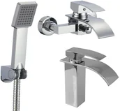 Baterie umywalkowe - Chromowany zestaw bateria umywalkowa wannowa słuchawka - Yoka - miniaturka - grafika 1