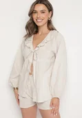 Komplety damskie - Beżowy Komplet z Lnu i Bawełny Wiązana Bluzka i Szorty Miradela - miniaturka - grafika 1