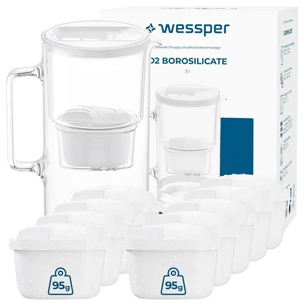 Dzbanek szklany filtrujący Wessper D2 Borosilicate 3l bialy + 10x filtr