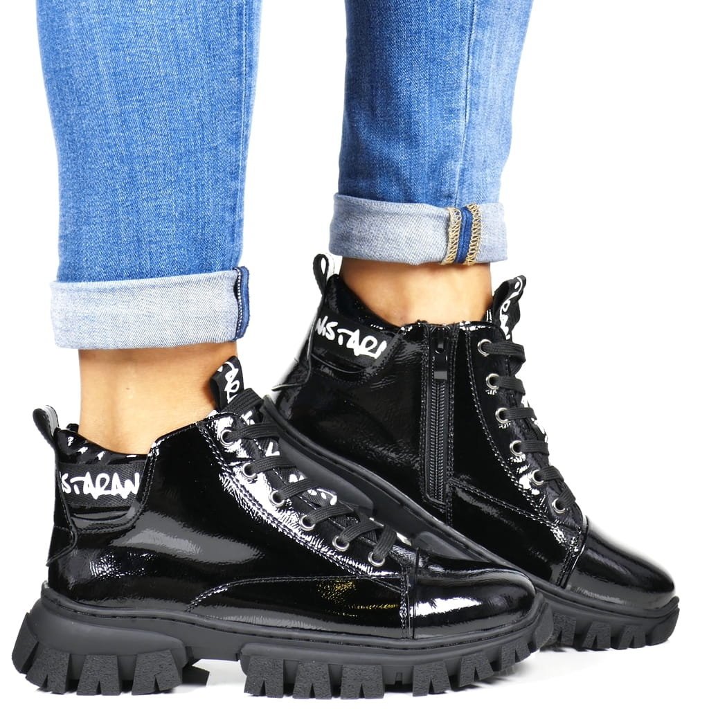 Damskie Botki Na Traperze Buty Sportowe Ocieplane Sergio Leone Bt742 Czarne Lakierowane