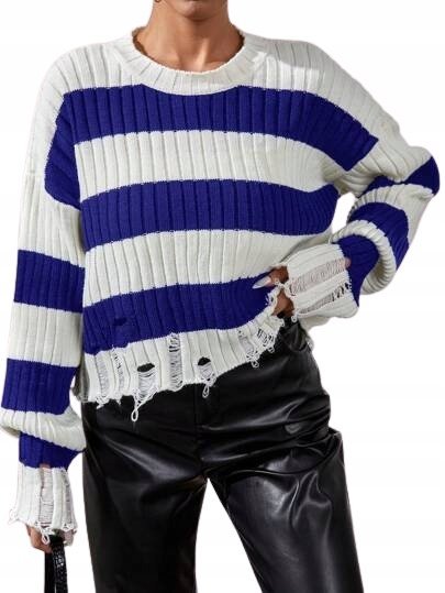 SHEIN DAMSKI SWETER W PASKI BIAŁO NIEBIESKI M/L ŁUE