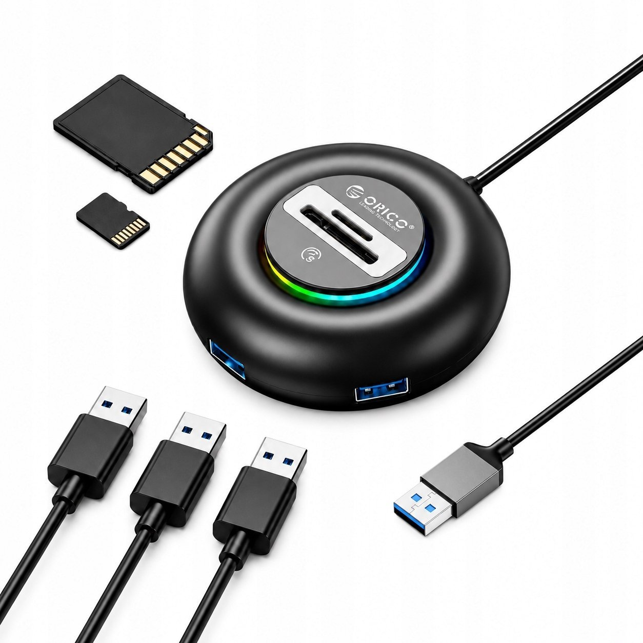 HUB USB Orico YXR5-U3 RGB 4-portowy USB-A 3.0 z czytnikiem kart SD i microSD 0,3 m - czarny 6941788805538