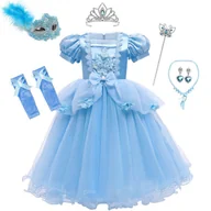 Stroje karnawałowe - Sukienka Strój Przebranie Kostium Kopciuszek Cinderella Korona Berło Maska Zestaw 140/146 Cm - miniaturka - grafika 1