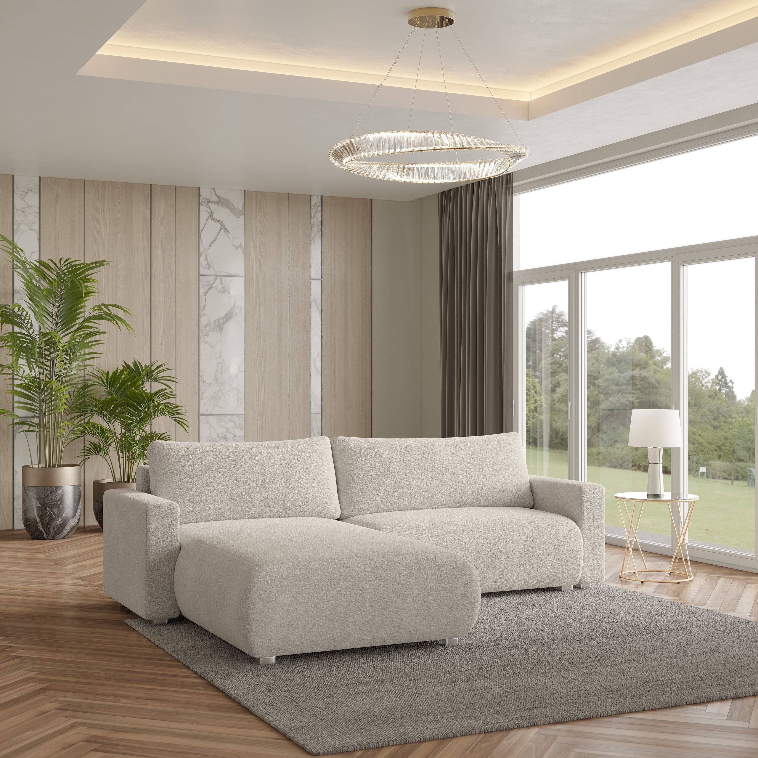 Masseno Narożnik TURIN N z funkcją spania i pojemnikiem na pościel Kształt L, Rozkładana sofa, Rogówka - Kremowy, NOW OR NEVER 02