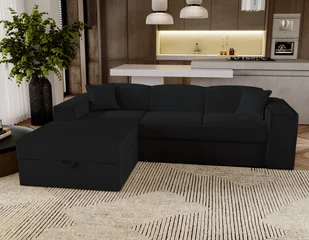 Sofa narożna z funkcją spania Santorini - Sofa 250 cm z funkcją spania, narożnik w kształcie litery L, rozkładana sofa - Lewa - Czarny & Poso 135 - Narożniki - miniaturka - grafika 1
