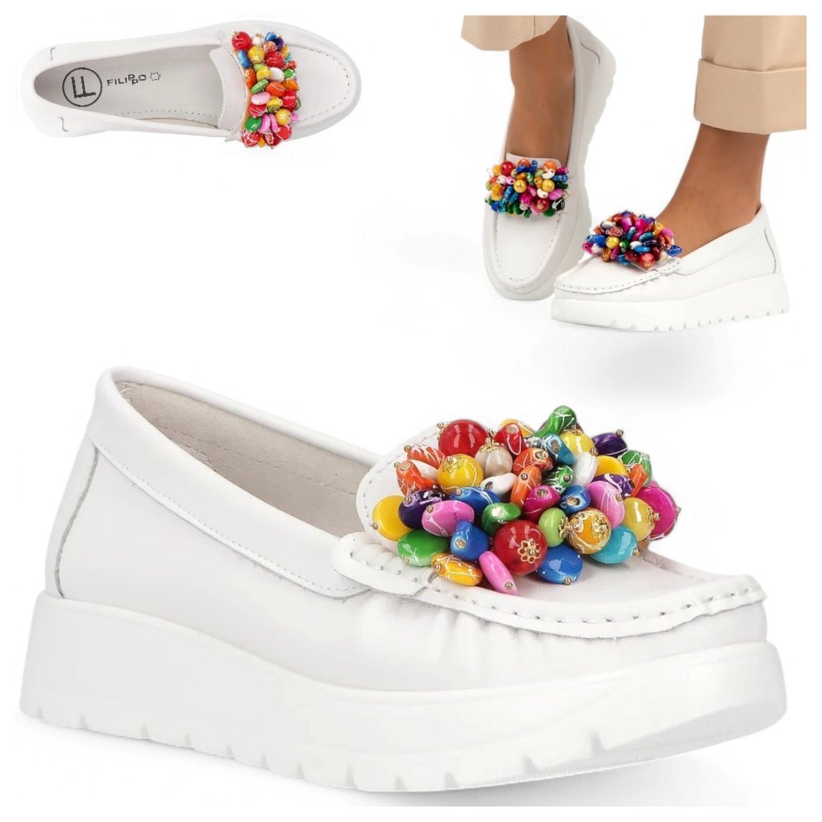 Mokasyny Damskie SKÓRZANE FILIPPO Wygodne Białe Eleganckie Półbuty modne 40