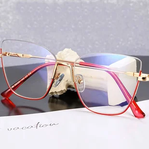 Damskie okulary półramki kocie zerówki do komputera BLUE LIGHT 25142B Złoty/Czerwony - Okulary korekcyjne, oprawki, szkła - miniaturka - grafika 1