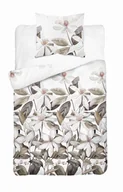 Pościel - Pościel satynowa 140x200 Biała z beżowymi liśćmi i kwiatami – naturalna elegancja, 100% bawełna - Home Satin - miniaturka - grafika 1