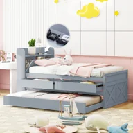 Łóżka dla dzieci i młodzieży - Łóżko z litego drewna Merax łóżko pojedyncze 90x190 cm z wysuwanym łóżkiem i USB, funkcjonalne łóżko z 2 szufladami i schowkiem, sosnowe łóżko dzienne funkcjonalne łóżko dla gości łóżko dziecięce, szare - miniaturka - grafika 1