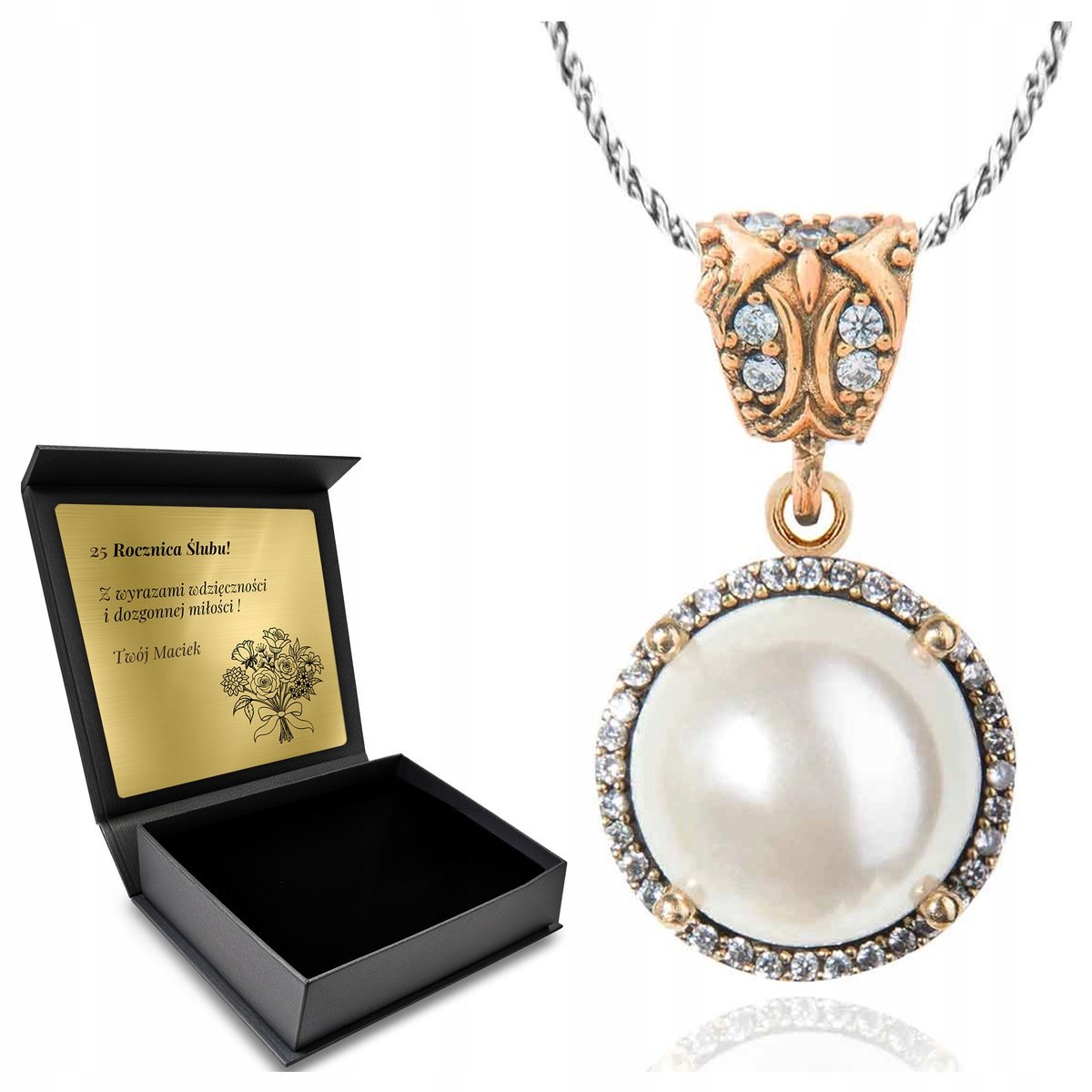 Naszyknik Srebrny 925 Z Cyrkoniami I Perłą Dla Kobiety + Grawer