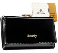 Portfele - Mały portfel damski skórzany ROVICKY rfid stop portmonetka na zatrzask i bigiel lakierowany na karty czarny - miniaturka - grafika 1