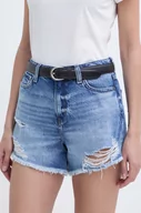 Spodenki damskie - Guess szorty jeansowe damskie kolor niebieski gładkie high waist W4GD74 D5BO0 - miniaturka - grafika 1