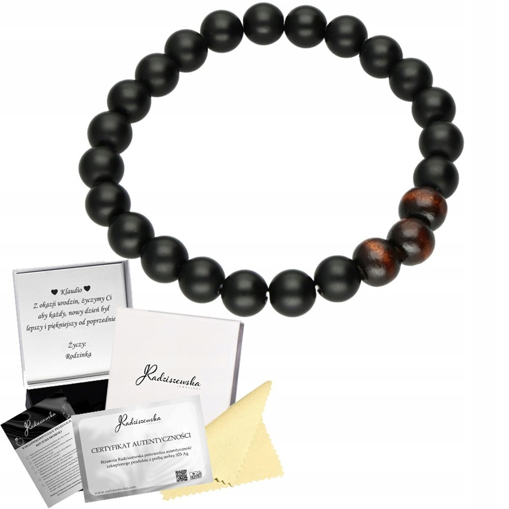 Bransoletka Męska z Kamieni Naturalnych Onyks Drewno Dzień Chłopaka Prezent