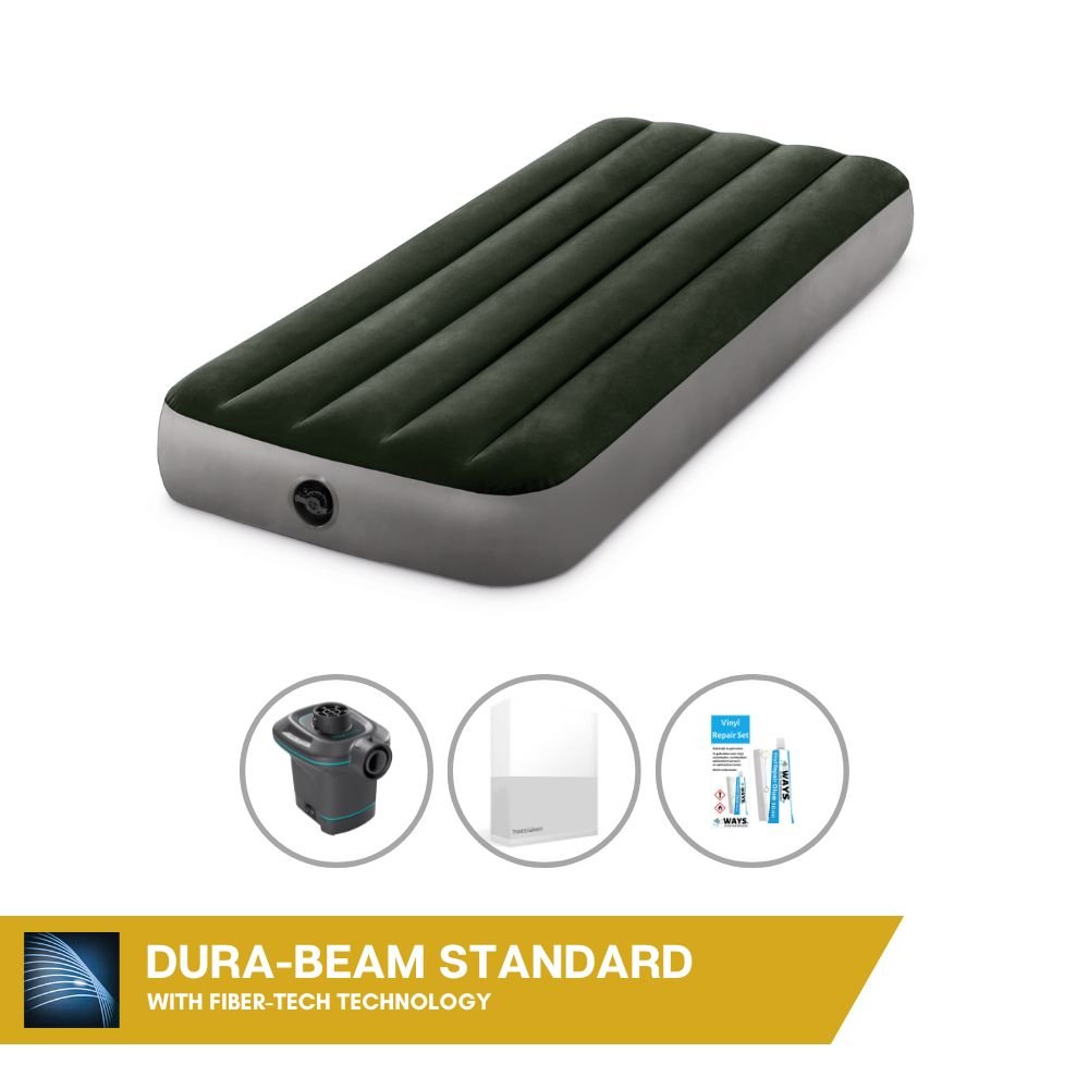Łóżko dmuchane Intex - 1 osoba - 76 x 191 x 25 cm - zielone + pompka elektryczna Intex - 650 litrów/min + prześcieradło białe + zestaw naprawczy