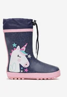 Kalosze damskie - Granatowe Kalosze ze Ściągaczem na Cholewce i Nadrukiem z Jednorożcem Kathas - miniaturka - grafika 1