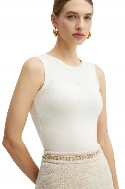 GUESS BEŻOWY TOP DAMSKI Z CEKINAMI Z OKRĄGŁYM DEKOLTEM XS GNA