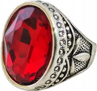 Pierścionki - Srebrny Sygnet z Dużym Rubinem Czerwony Kamień Stal Szlachetna Vintage - miniaturka - grafika 1