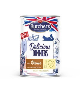 BUTCHER'S Delicious Dinners z dziczyzną kawałki w galaretce 6x400g (kot) + Pokrywka GRATIS!! - Mokra karma dla kotów - miniaturka - grafika 1