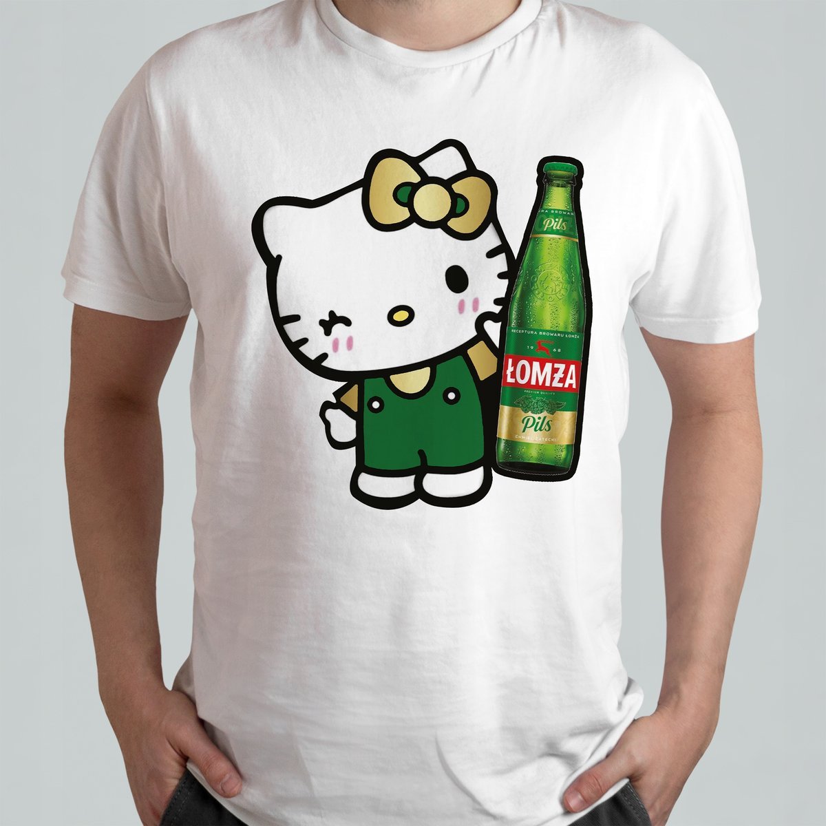 BIAŁA KOSZULKA ŚMIESZNA T-SHIRT Z NADRUKIEM Hello Kitty ŁOMŻA PIWO