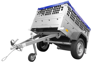 UNITRAILER Mini przyczepka samochodowa GARDEN TRAILER 150 KIPP z kołem podporowym, burtami siatkowymi i pokrowcem płaskim niebieskim UT004485 - Przyczepy - miniaturka - grafika 1