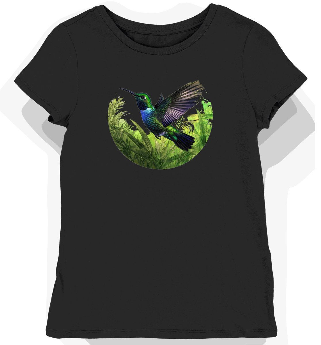 Koszulka damska czarna z motywem zielonych kolibrów na tle kwiatów M