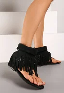 Sandały damskie - Czarne Sandały Typu Japonki Boho z Wysoką Cholewką z Frędzlami Effimay - miniaturka - grafika 1