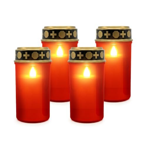 Relaxdays Znicz LED, zestaw 4 sztuk, migoczący płomień, zasilany bateriami, odporny na warunki atmosferyczne, tworzywo sztuczne, świece nagrobne, cmentarz, czerwone
