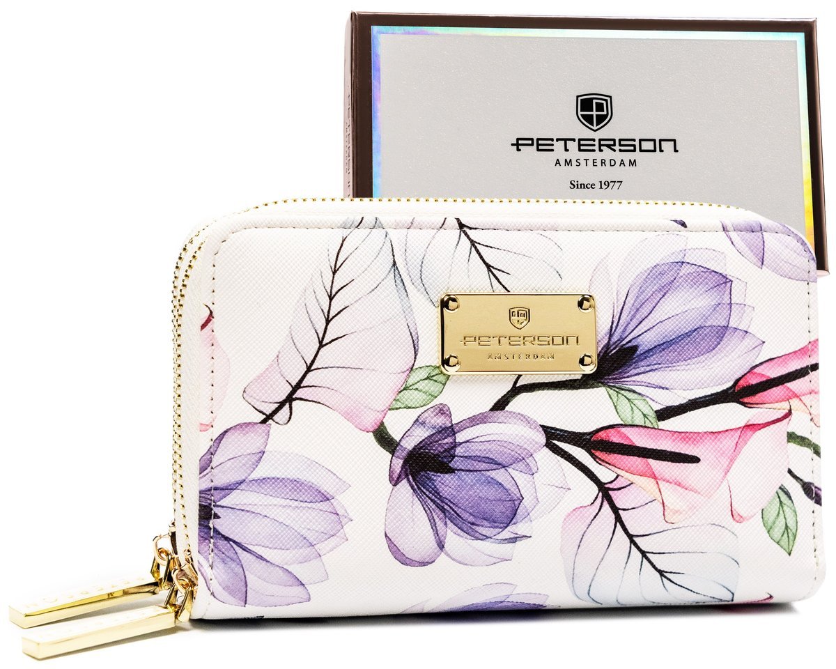 Portfel damski piórnik na suwak portmonetka na karty i dokumenty RFID Protect Peterson, beżowy kwiaty różnokolorowy