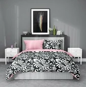 Pościel - Faro Pościel satynowa 160x200 Elegant 005 orientalna czarna różowa biała liście ornamenty dwustronna S 23 - miniaturka - grafika 1