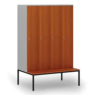 Szafy biurowe - Drewniana szafa ubraniowa z ławką, 4-drzwiowa, 1871 x 1200 x 500/800 mm, zamek cylindryczny, szary/czereśnia - miniaturka - grafika 1