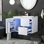 Rusztowania - Biała wisząca szafka łazienkowa 76x46x50 cm z umywalką, radarem LED, 2 cichymi szufladami i półkami bocznymi - miniaturka - grafika 1