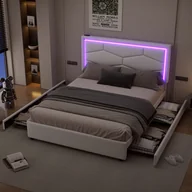 Łóżka - Łóżko tapicerowane Flieks 140x200cm z funkcją ładowania (USB i Type-C), podwójne łóżko do przechowywania z 4 szufladami, łóżko młodzieżowe z LED, drewniane łóżko PU, białe - miniaturka - grafika 1