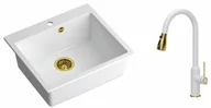 Zlewozmywaki z baterią - Quadron Zlewozmywak granitowy jednokomorowy 57*50*22 cm MORGAN 110 SNOW WHITE ze złotym odpływem z baterią JESSICA Q LINE SNOW WHITE z wyciąganą wylewką i funkcją prysznica kolor biały mat/wykończenie złote - miniaturka - grafika 1