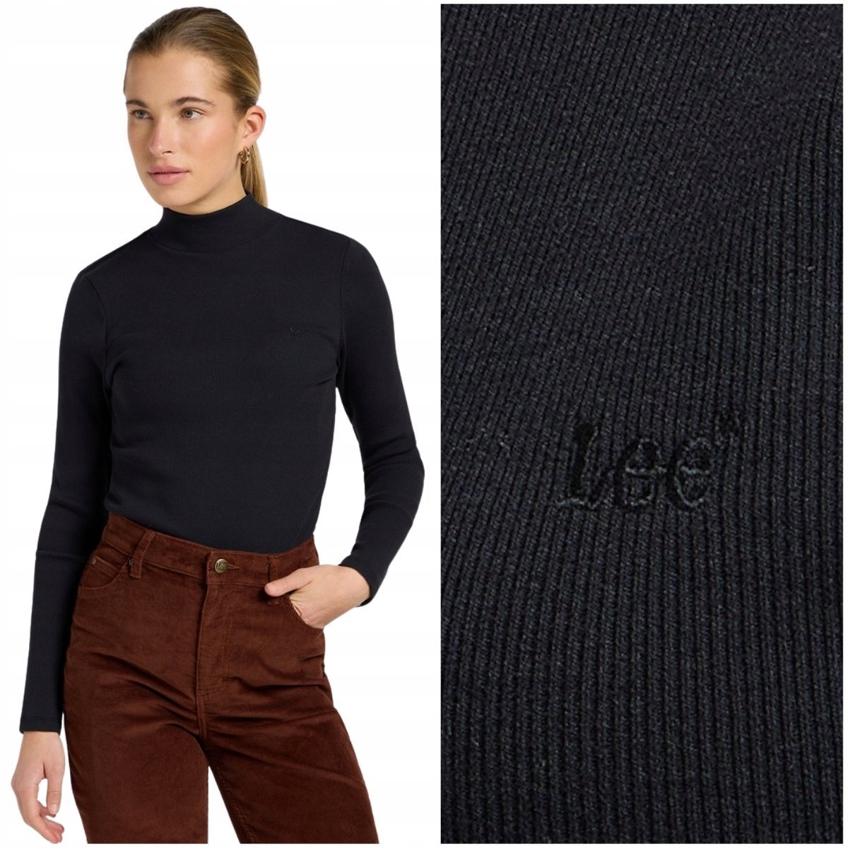 Lee Mock Neck elastyczny bawełniany dopasowany czarny damski półgolf S