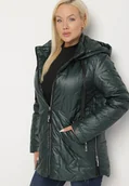 Kurtki damskie - Ciemnozielona Pikowana Kurtka Ozdobiona Pikowaniem z Odpinanym Kapturem Falerosa - miniaturka - grafika 1