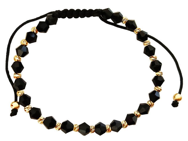 Bransoletka złota na sznurku 585 ze złotymi kuleczkami i czarnymi kamieniami