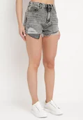 Spodenki damskie - Szare Jeansowe Bawełniane Szorty z Wysokim Stanem i Wystrzępionymi Nogawkami Ozdobione Cyrkoniami Moara - miniaturka - grafika 1