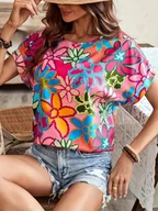 Bluzki damskie - Bluzka damska w kolorowe kwiaty - Różowy - miniaturka - grafika 1