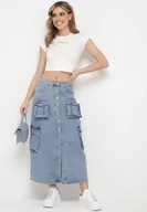 Spódnice - Niebieska Jeansowa Spódnica z Wysokim Stanem z Guzikami i Ozdobnymi Kieszeniami Teruna - miniaturka - grafika 1