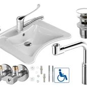Umywalki - Zestaw 6w1 umywalka dla niepełnosprawnych 60x50 cm, z baterią z uchwytem łokciowym, syfonem oszczędzającym miejsce, korkami i zaworami - miniaturka - grafika 1