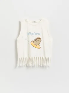 Reserved - T-shirt z frędzlami Pusheen - złamana biel - Koszulki dla dziewczynek - miniaturka - grafika 1